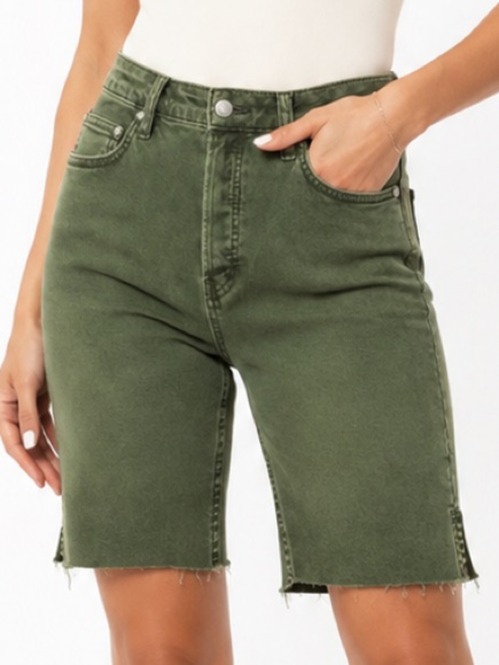 FREE PEOPLE Avery Army Green Bermuda Shorts denim cotton spandex size 25 NWOT